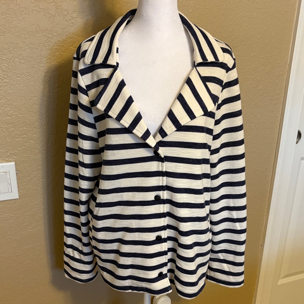 Chico's Navy and White Striped, Coastal Snap Button Lightweight Jacket, Size 2